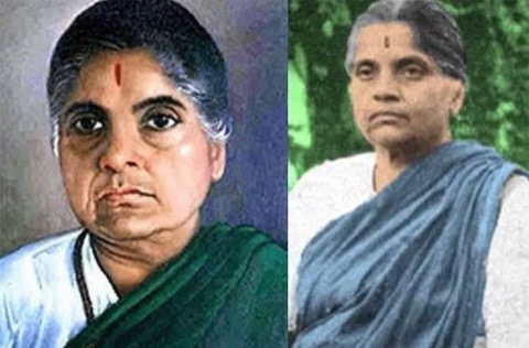 Two-panel image showing a painted portrait beside a photograph of Durgabai Deshmukh.