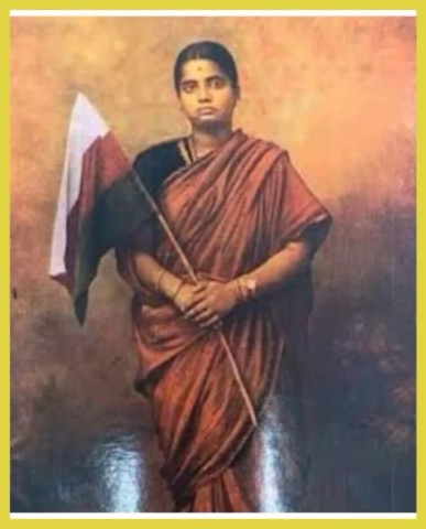 Painting of a young woman in a sari holding a Swaraj flag.