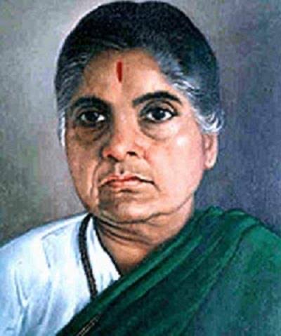 Painted portrait of Durgabai Deshmukh in a green sari with a white blouse, shown from the shoulders up.