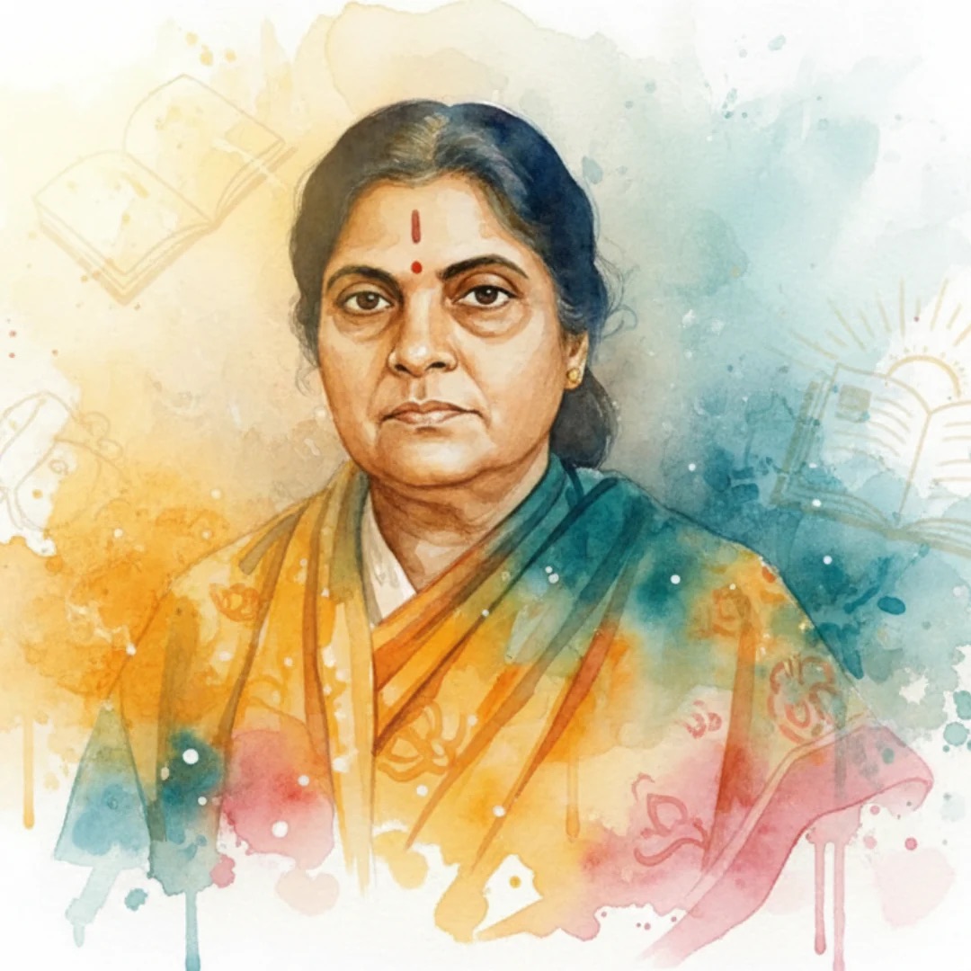 Watercolour-style illustrated portrait of Durgabai Deshmukh in a saffron and green sari, with faint drawings of open books in the background.
